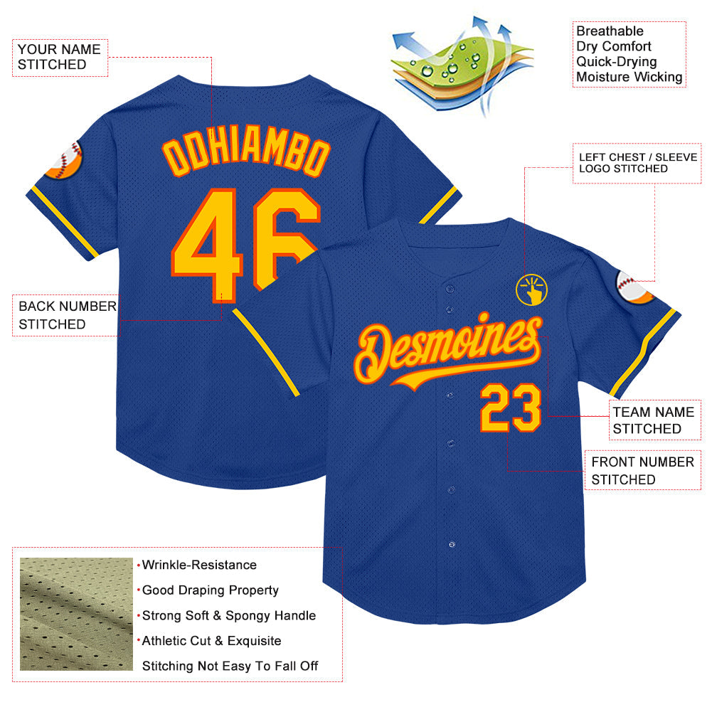 Custom Royal Yellow-Orange Mesh Authentic Throwback Baseball Jersey view 3