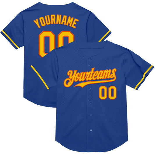 Custom Royal Yellow-Orange Mesh Authentic Throwback Baseball Jersey - Main View