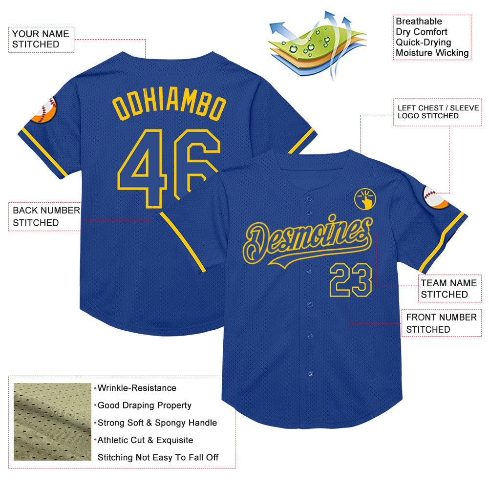 Custom Royal Yellow Mesh Authentic Throwback Baseball Jersey view 3