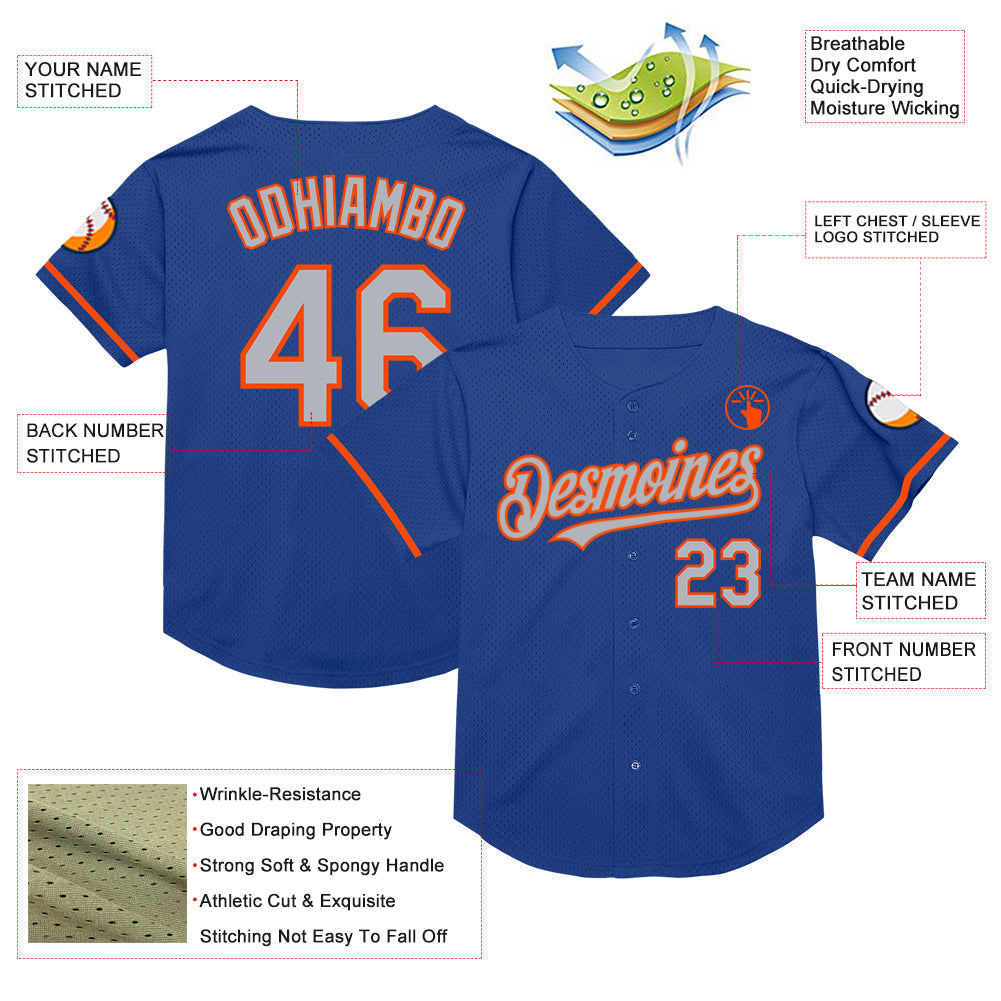 Custom Royal Gray-Orange Mesh Authentic Throwback Baseball Jersey view 3