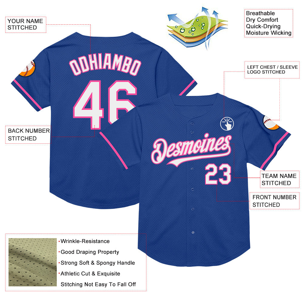 Custom Royal White-Pink Mesh Authentic Throwback Baseball Jersey view 3