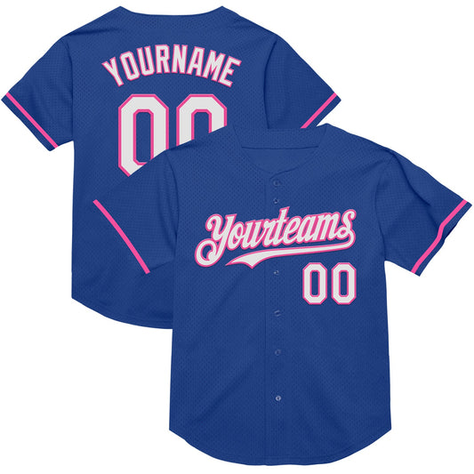 Custom Royal White-Pink Mesh Authentic Throwback Baseball Jersey - Main View