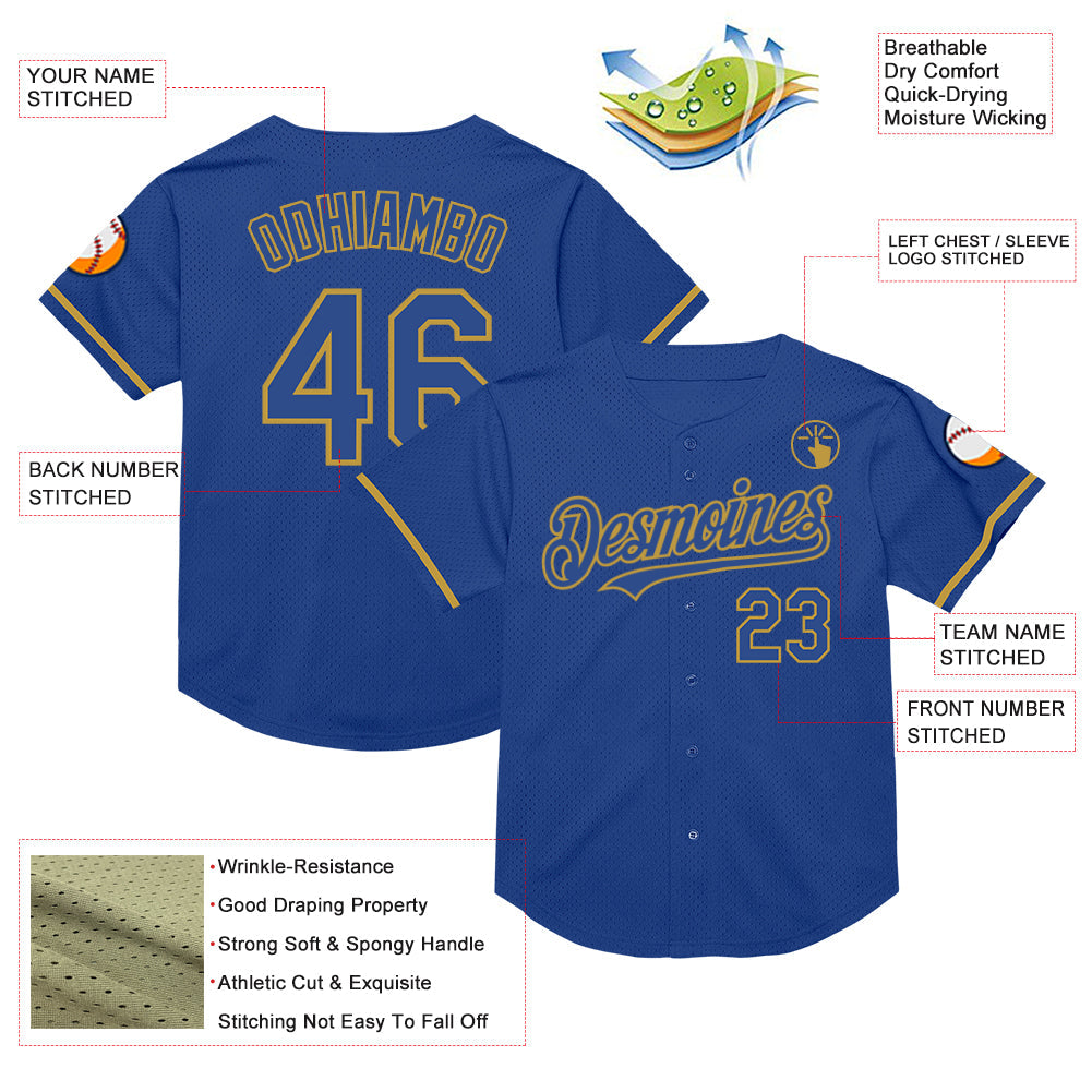 Custom Royal Old Gold Mesh Authentic Throwback Baseball Jersey view 3