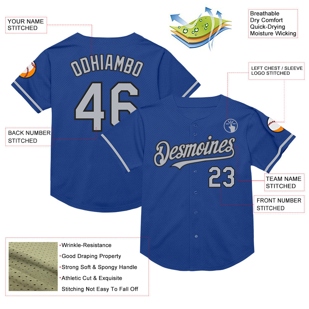 Custom Royal Gray-Black Mesh Authentic Throwback Baseball Jersey view 3