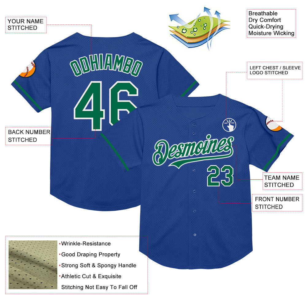 Custom Royal Kelly Green-White Mesh Authentic Throwback Baseball Jersey view 3