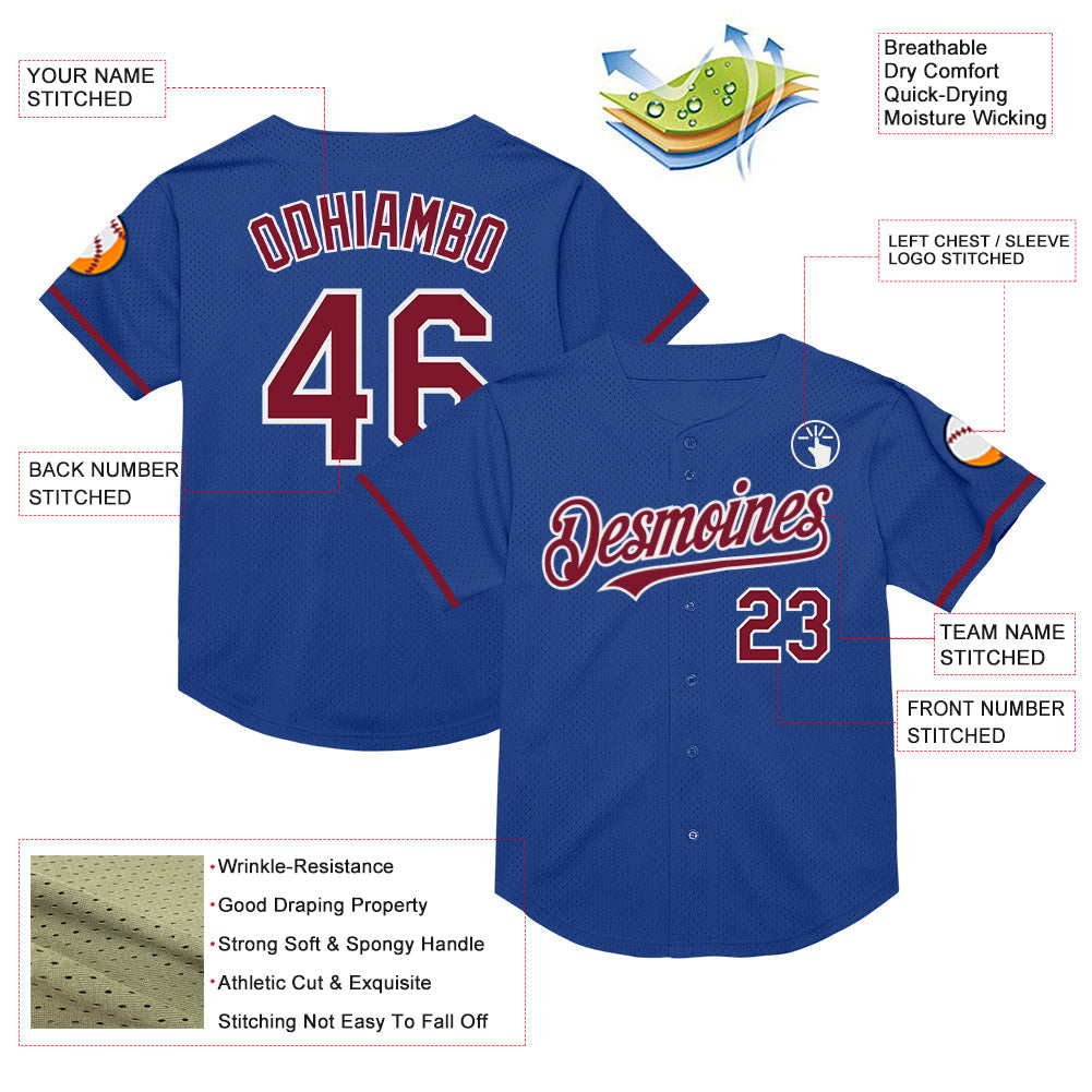 Custom Royal Crimson-White Mesh Authentic Throwback Baseball Jersey view 3