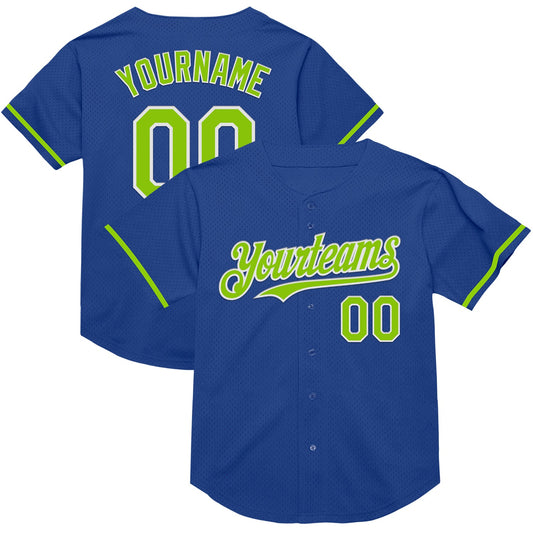 Custom Royal Neon Green-White Mesh Authentic Throwback Baseball Jersey - Main View