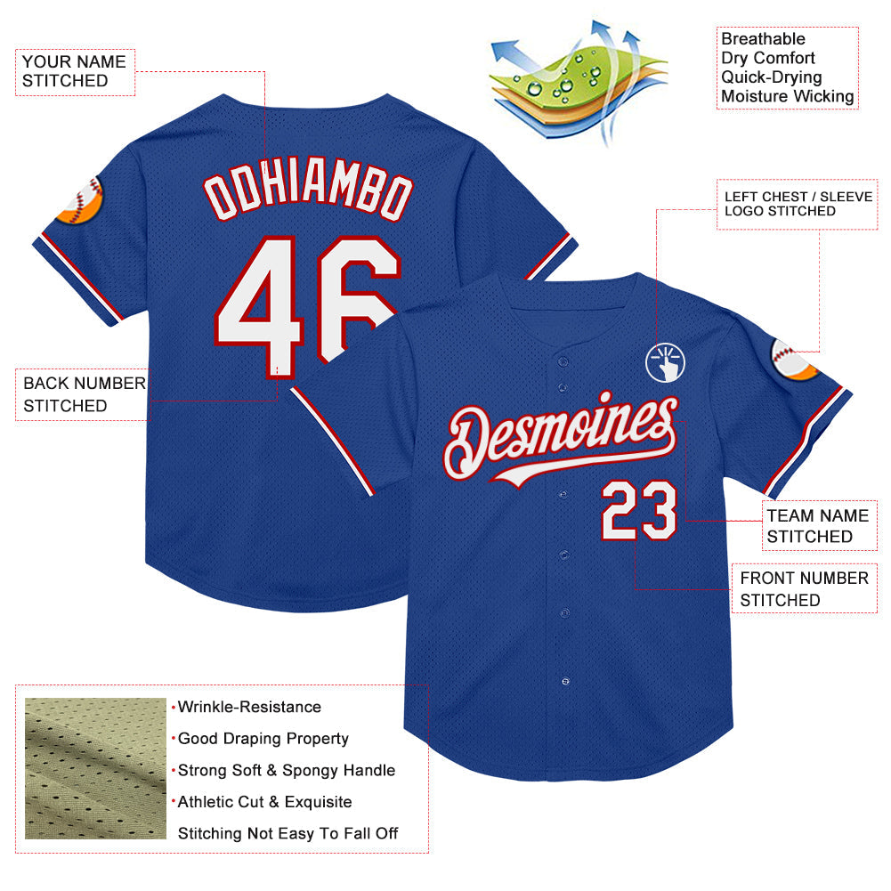 Custom Royal White-Red Mesh Authentic Throwback Baseball Jersey view 3