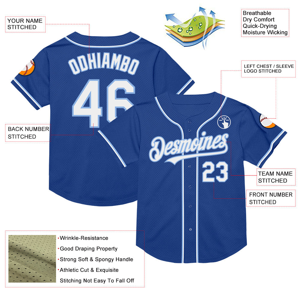 Custom Royal White-Light Blue Mesh Authentic Throwback Baseball Jersey view 3