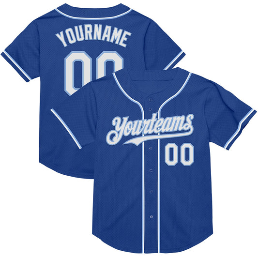 Custom Royal White-Light Blue Mesh Authentic Throwback Baseball Jersey - Main View