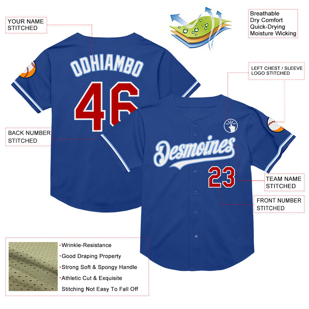 Custom Royal Red-Light Blue Mesh Authentic Throwback Baseball Jersey view 3