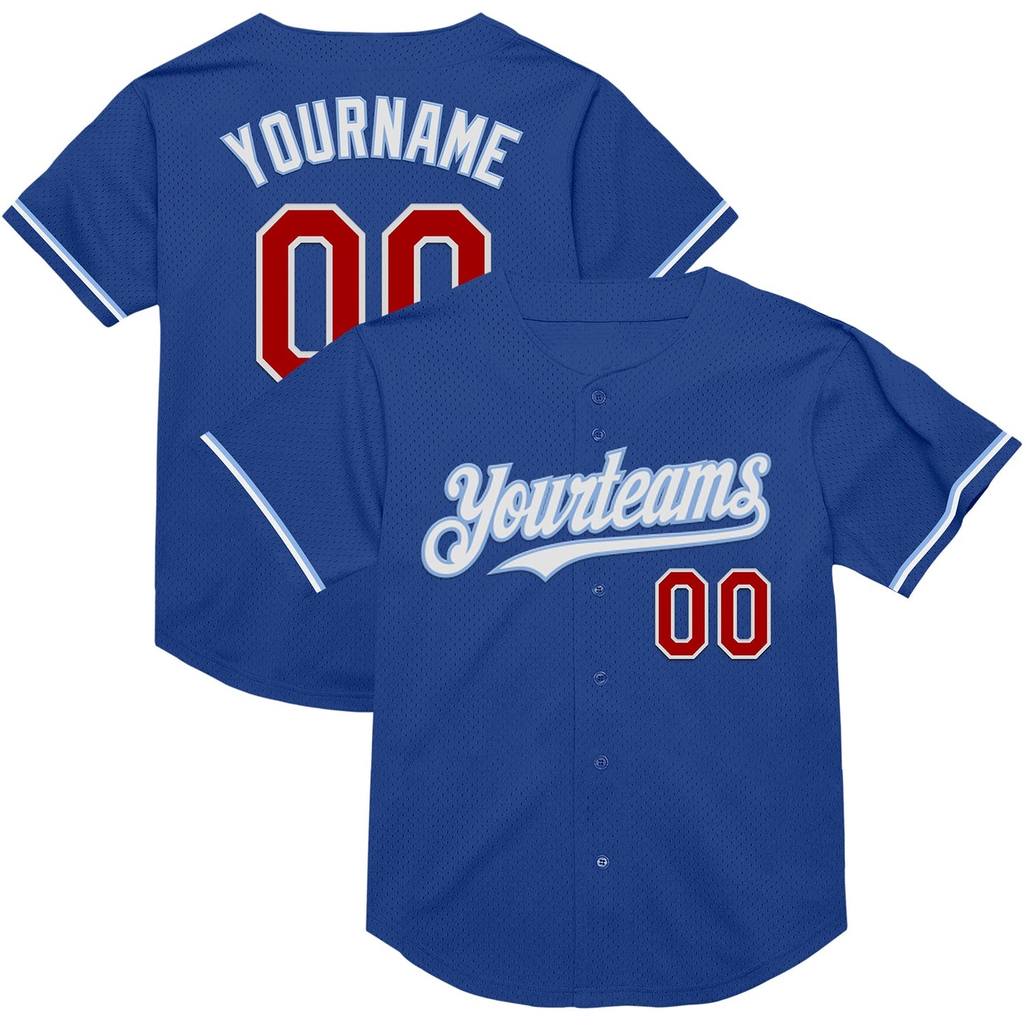 Custom Royal Red-Light Blue Mesh Authentic Throwback Baseball Jersey - Main View