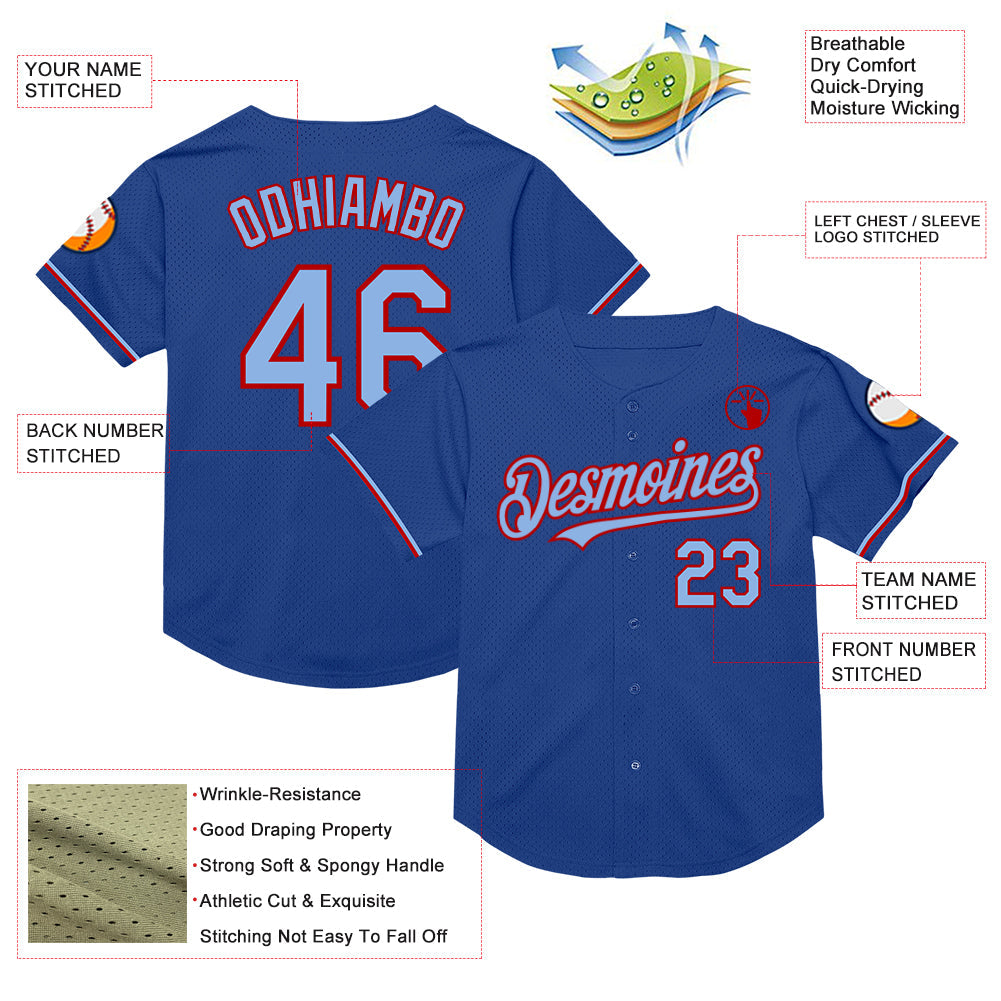 Custom Royal Light Blue-Red Mesh Authentic Throwback Baseball Jersey view 3
