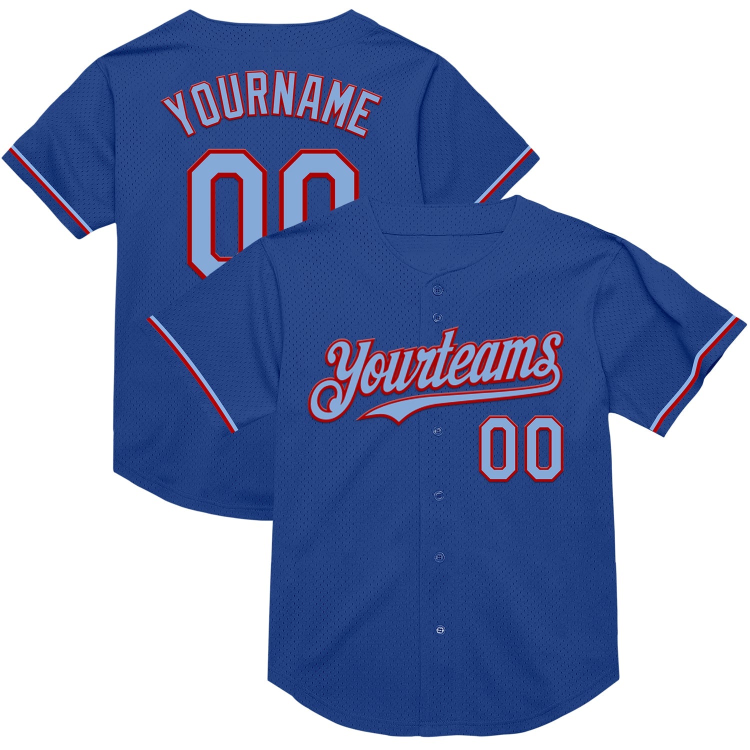 Custom Royal Light Blue-Red Mesh Authentic Throwback Baseball Jersey - Main View