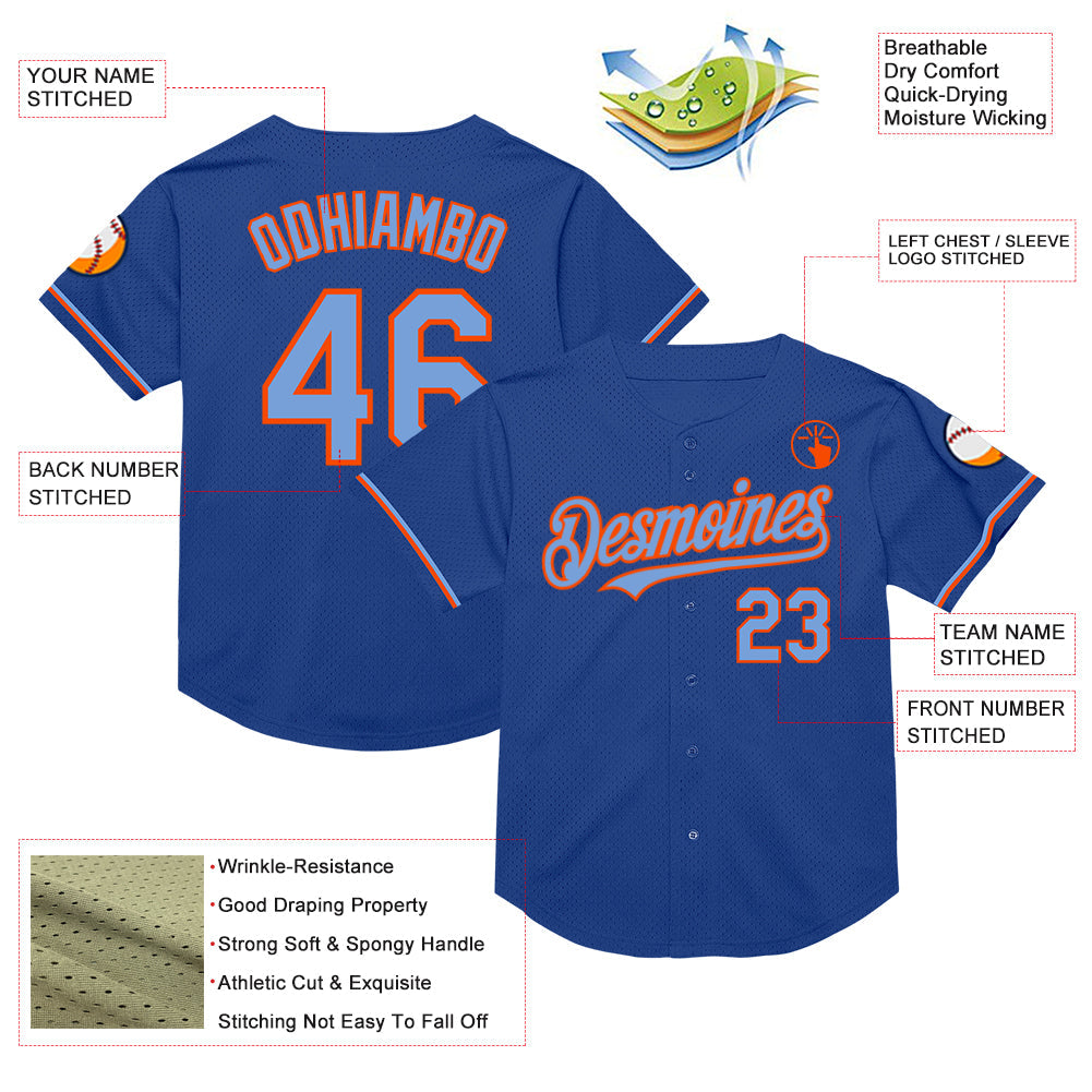 Custom Royal Powder Blue-Orange Mesh Authentic Throwback Baseball Jersey view 3