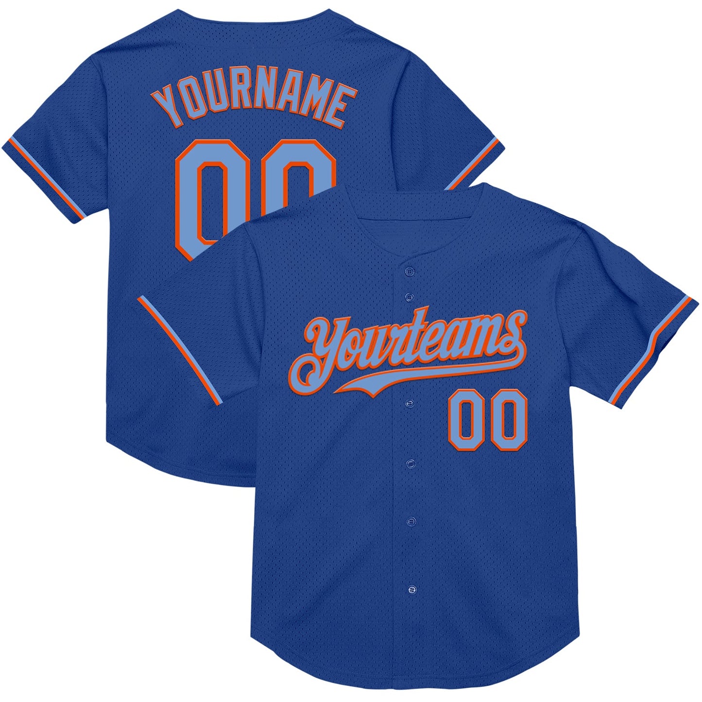 Custom Royal Powder Blue-Orange Mesh Authentic Throwback Baseball Jersey - Main View