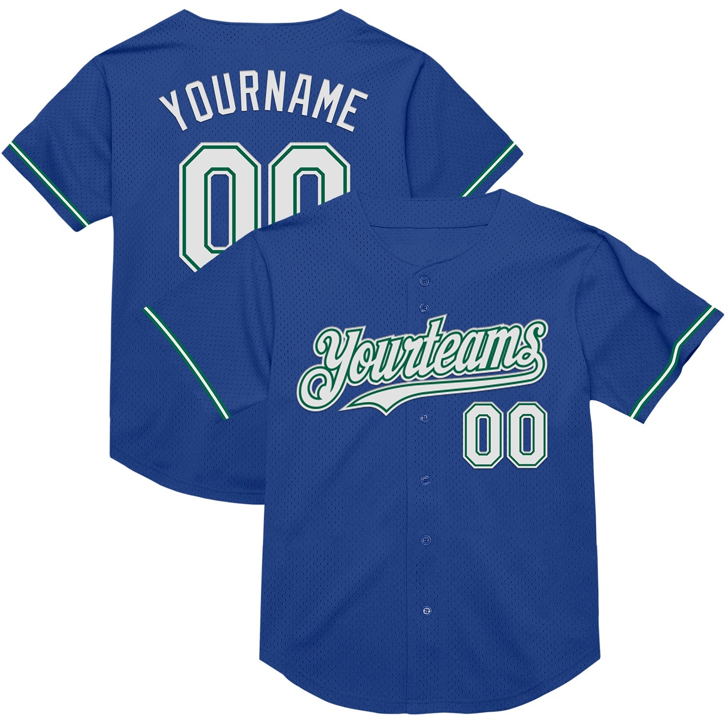 Custom Royal White-Kelly Green Mesh Authentic Throwback Baseball Jersey - Main View