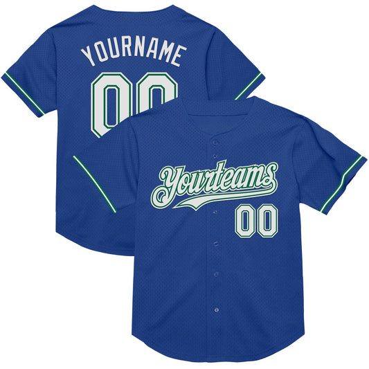 Custom Royal White-Kelly Green Mesh Authentic Throwback Baseball Jersey - Main View