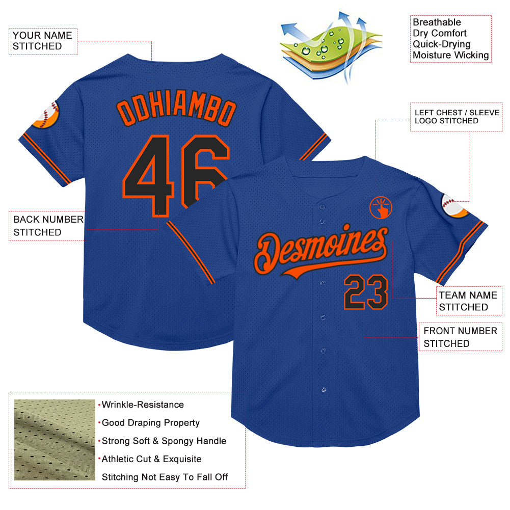 Custom Royal Black-Orange Mesh Authentic Throwback Baseball Jersey view 3
