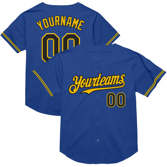 Custom Royal Black-Yellow Mesh Authentic Throwback Baseball Jersey - Main View