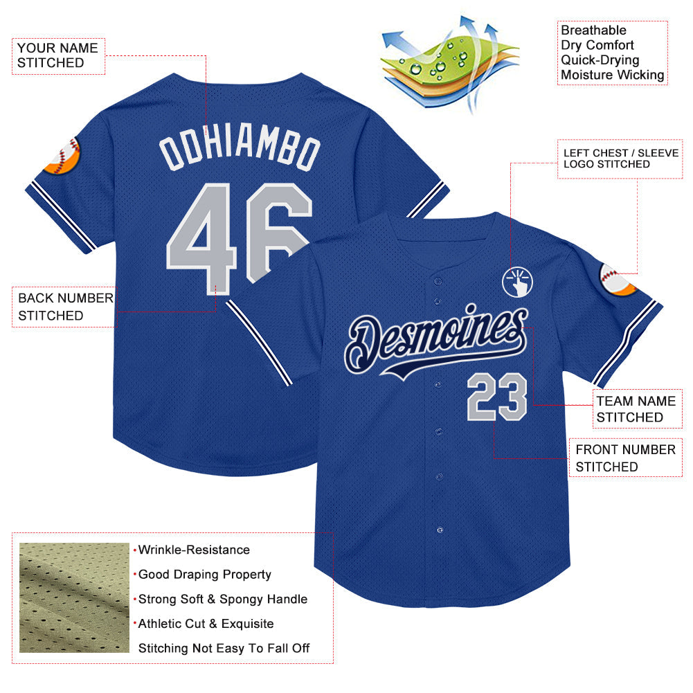 Custom Royal Gray-Navy Mesh Authentic Throwback Baseball Jersey view 3