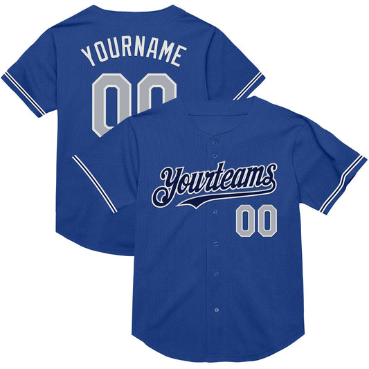 Custom Royal Gray-Navy Mesh Authentic Throwback Baseball Jersey - Main View