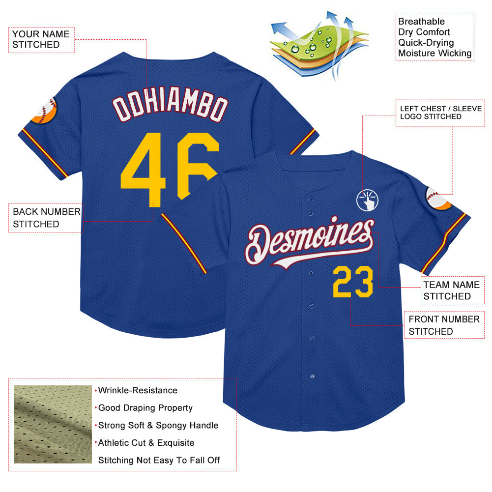 Custom Royal Yellow-Crimson Mesh Authentic Throwback Baseball Jersey view 3