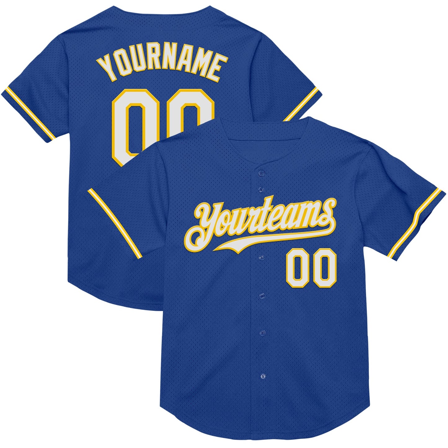 Custom Royal White-Yellow Mesh Authentic Throwback Baseball Jersey - Main View