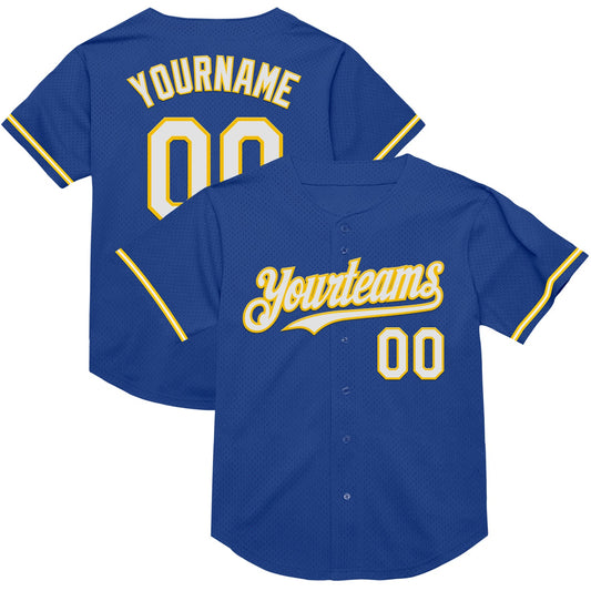 Custom Royal White-Yellow Mesh Authentic Throwback Baseball Jersey - Main View