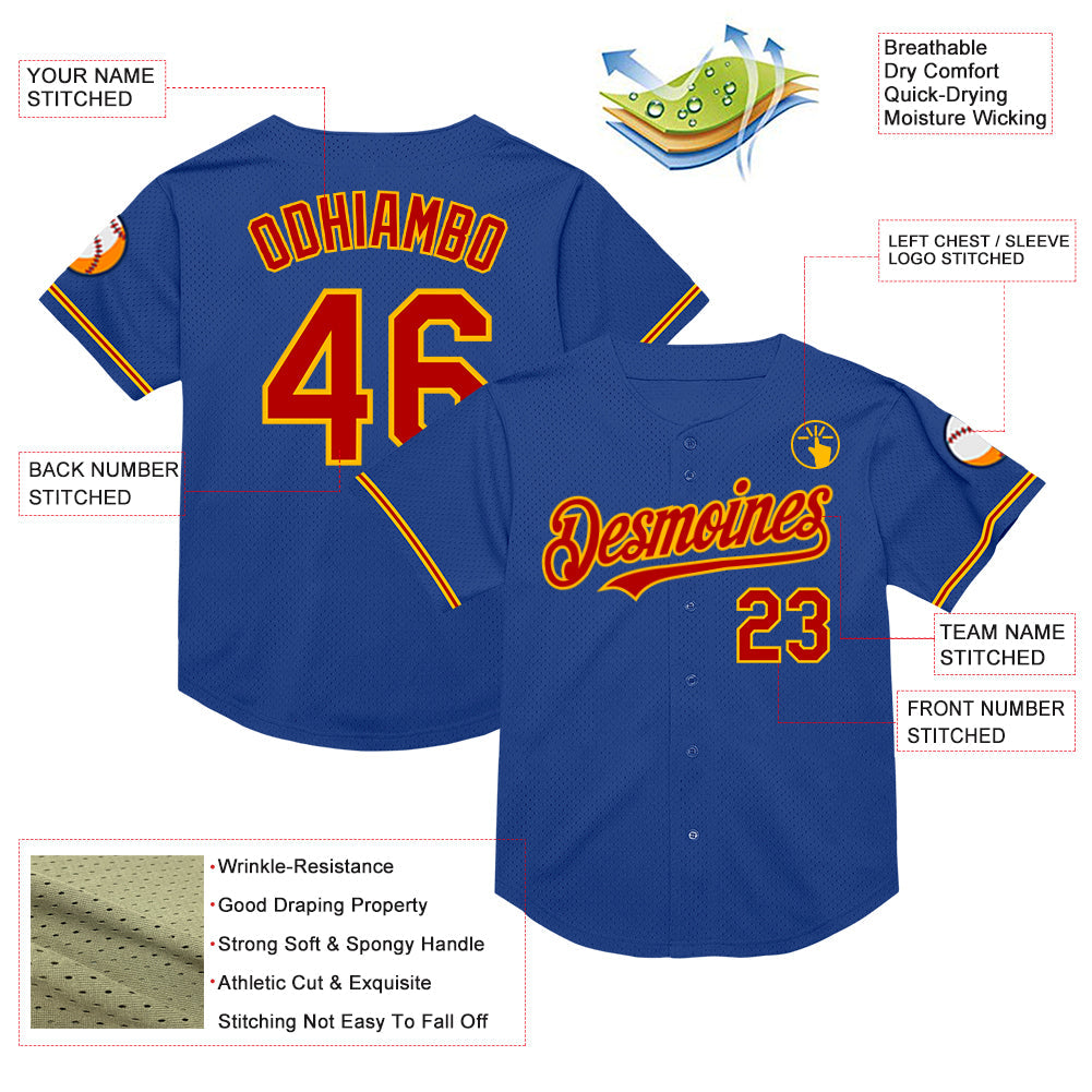 Custom Royal Red-Gold Mesh Authentic Throwback Baseball Jersey view 3