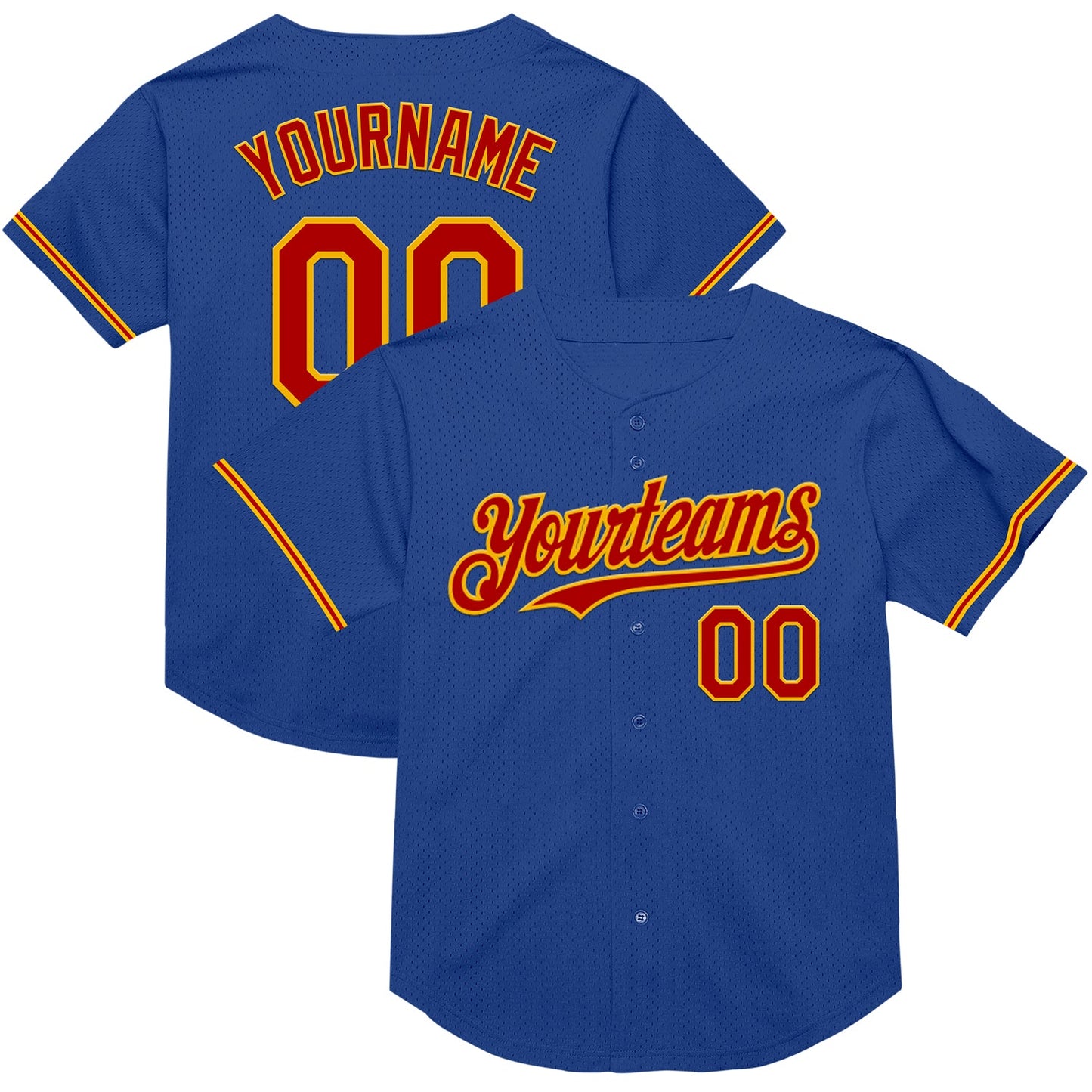Custom Royal Red-Gold Mesh Authentic Throwback Baseball Jersey - Main View