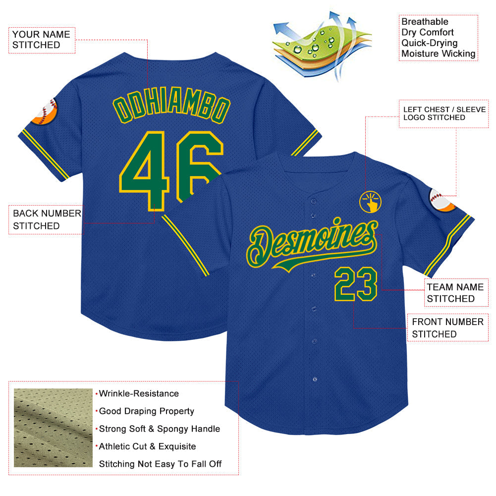 Custom Royal Kelly Green-Yellow Mesh Authentic Throwback Baseball Jersey view 3