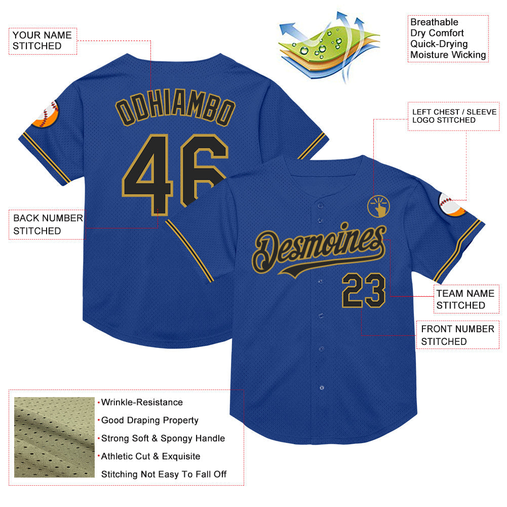 Custom Royal Black-Old Gold Mesh Authentic Throwback Baseball Jersey view 3