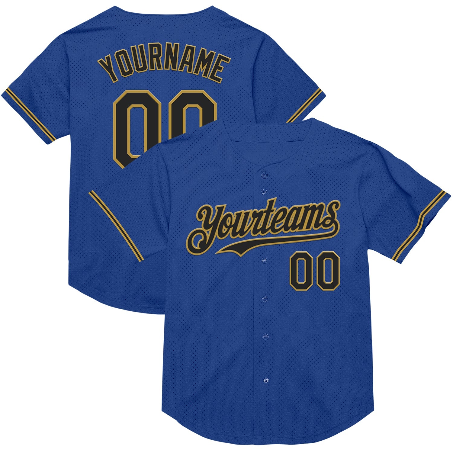 Custom Royal Black-Old Gold Mesh Authentic Throwback Baseball Jersey - Main View