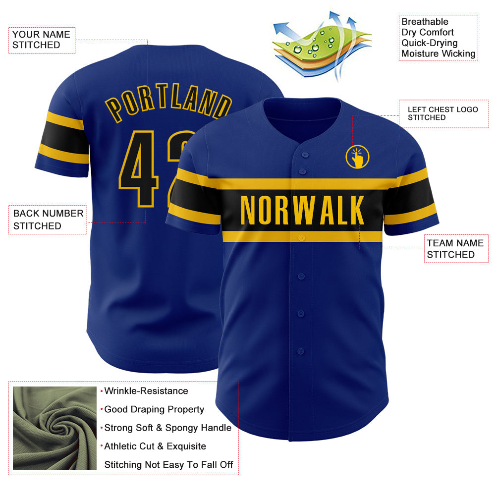 Custom Royal Black-Yellow Authentic Baseball Jersey view 3