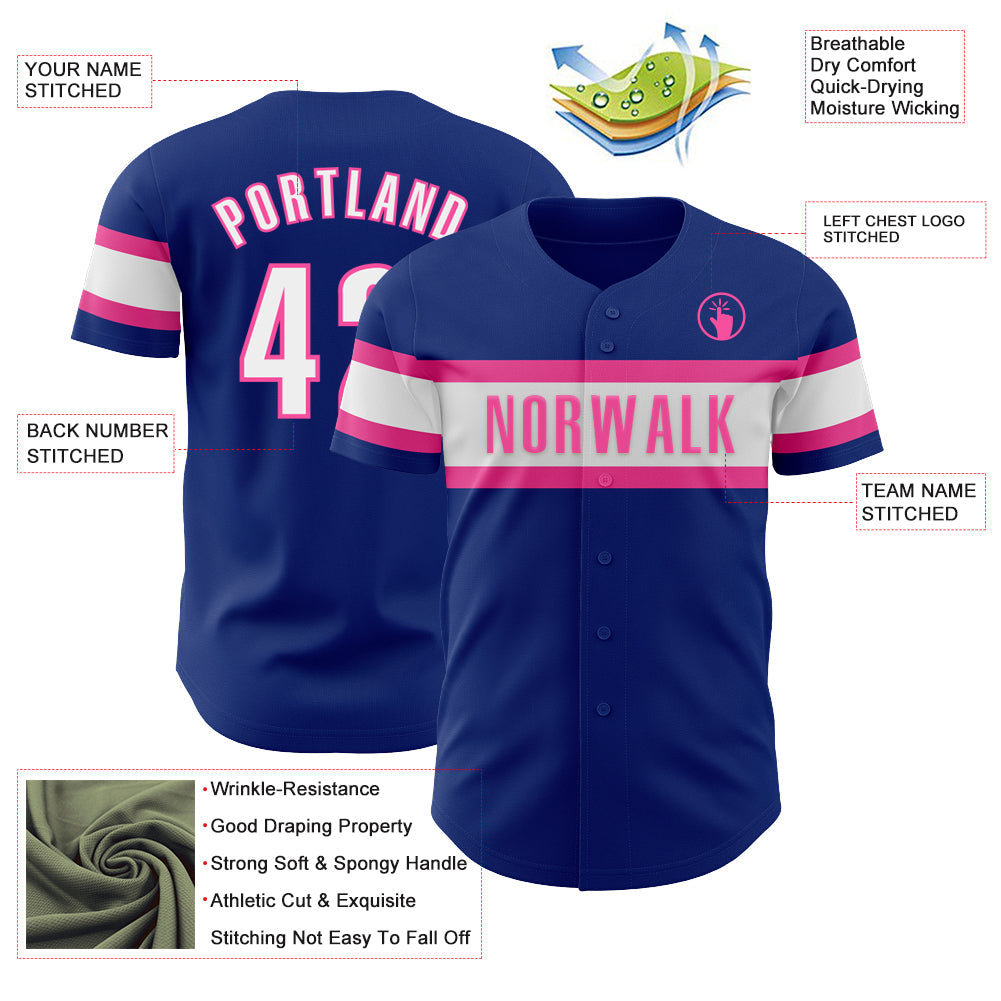 Custom Royal White-Pink Authentic Baseball Jersey view 3