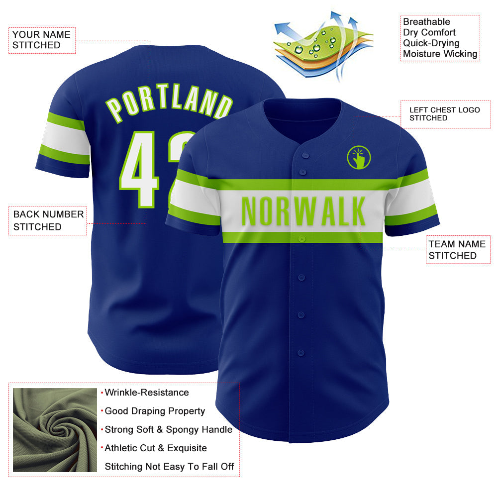 Custom Royal White-Neon Green Authentic Baseball Jersey view 3