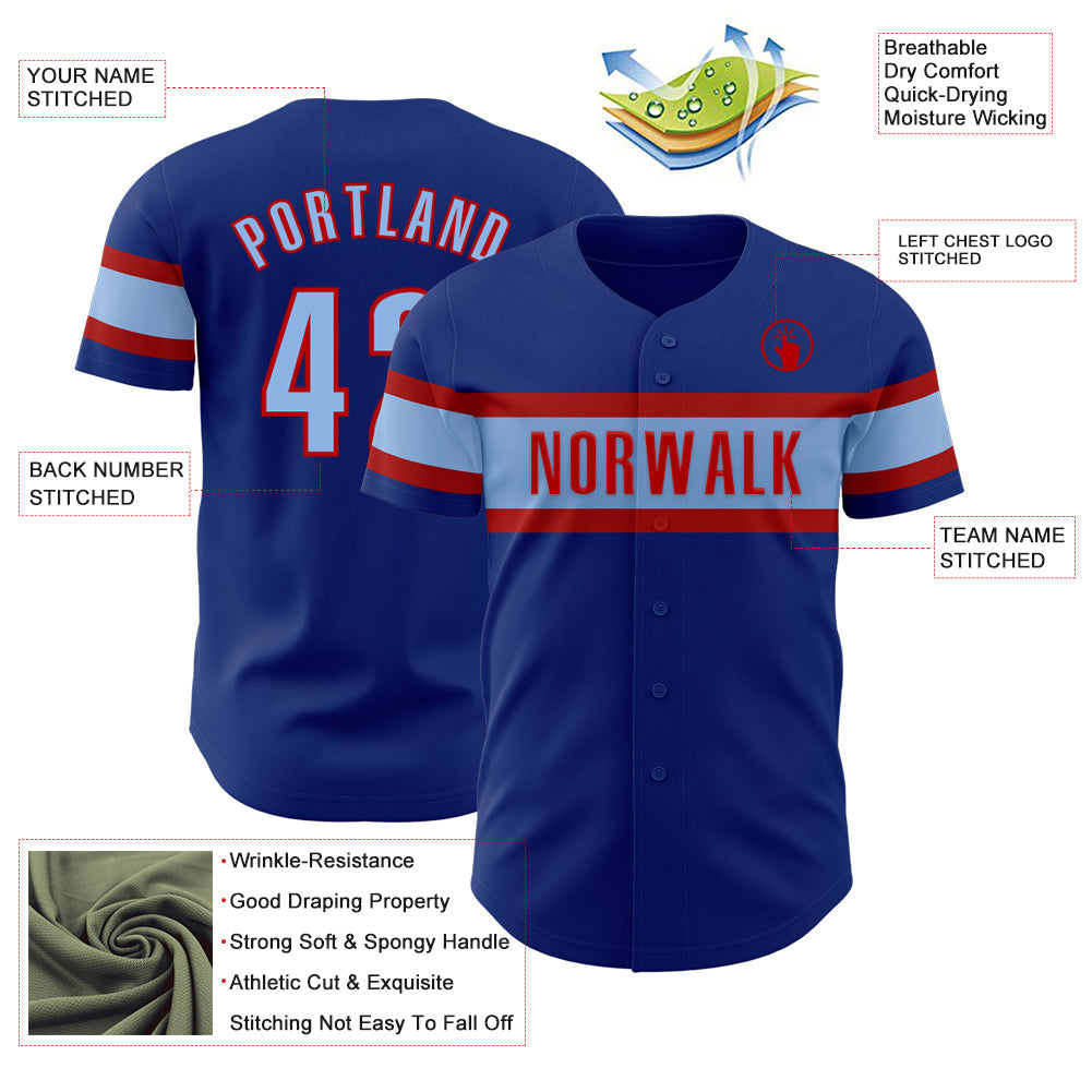 Custom Royal Light Blue-Red Authentic Baseball Jersey view 3