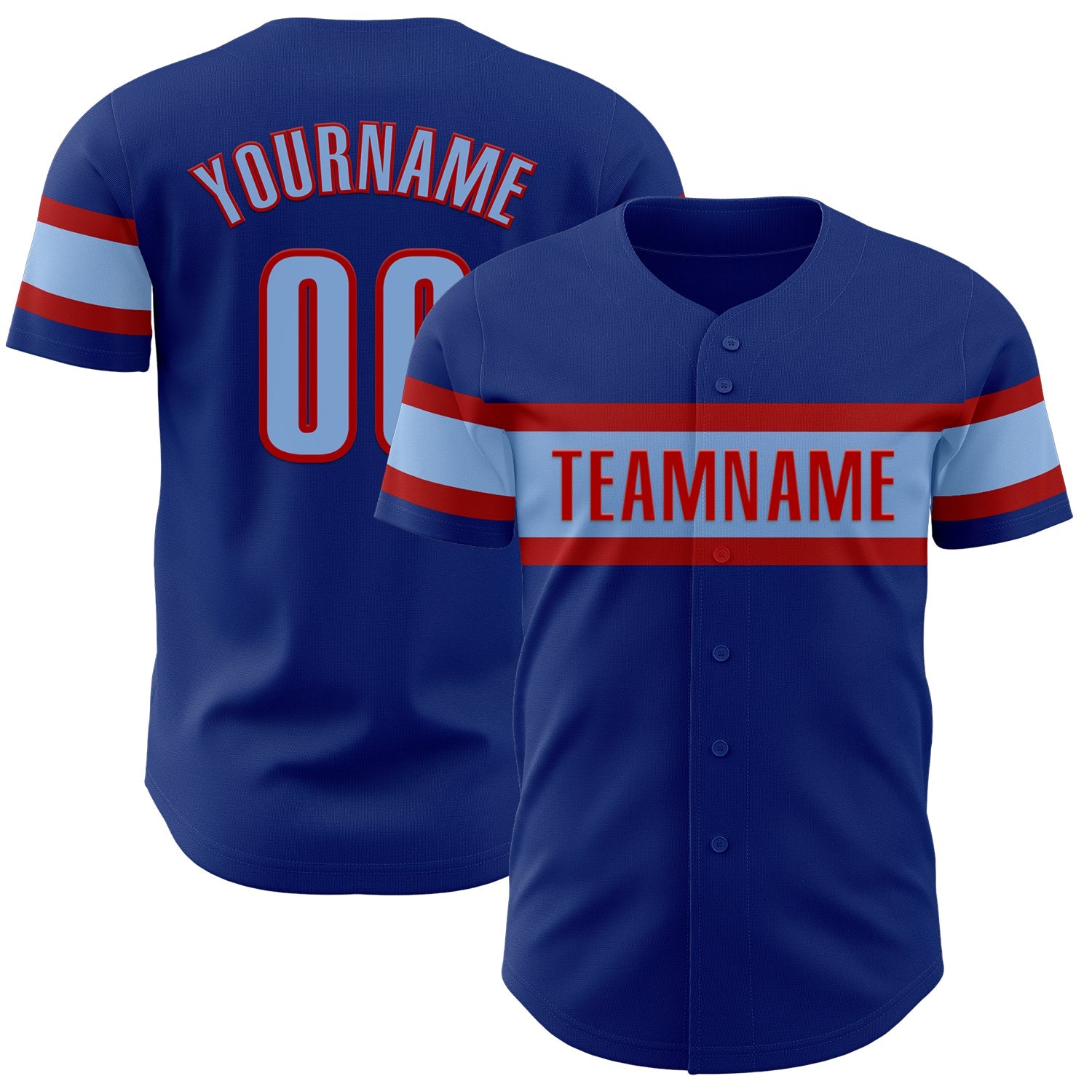 Custom Royal Light Blue-Red Authentic Baseball Jersey - Main View