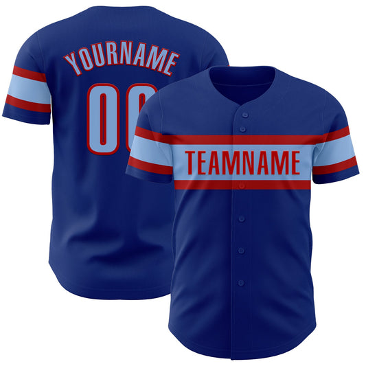 Custom Royal Light Blue-Red Authentic Baseball Jersey - Main View