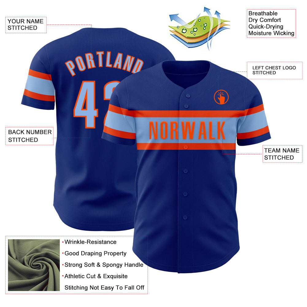 Custom Royal Light Blue-Orange Authentic Baseball Jersey view 3