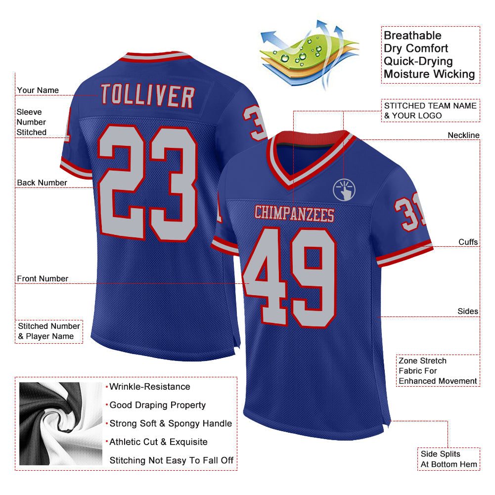 Custom Royal Gray-Red Mesh Authentic Throwback Football Jersey view 2