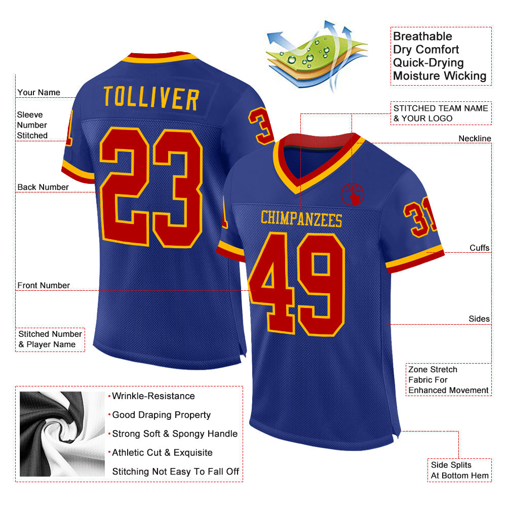 Custom Royal Red-Gold Mesh Authentic Throwback Football Jersey view 3
