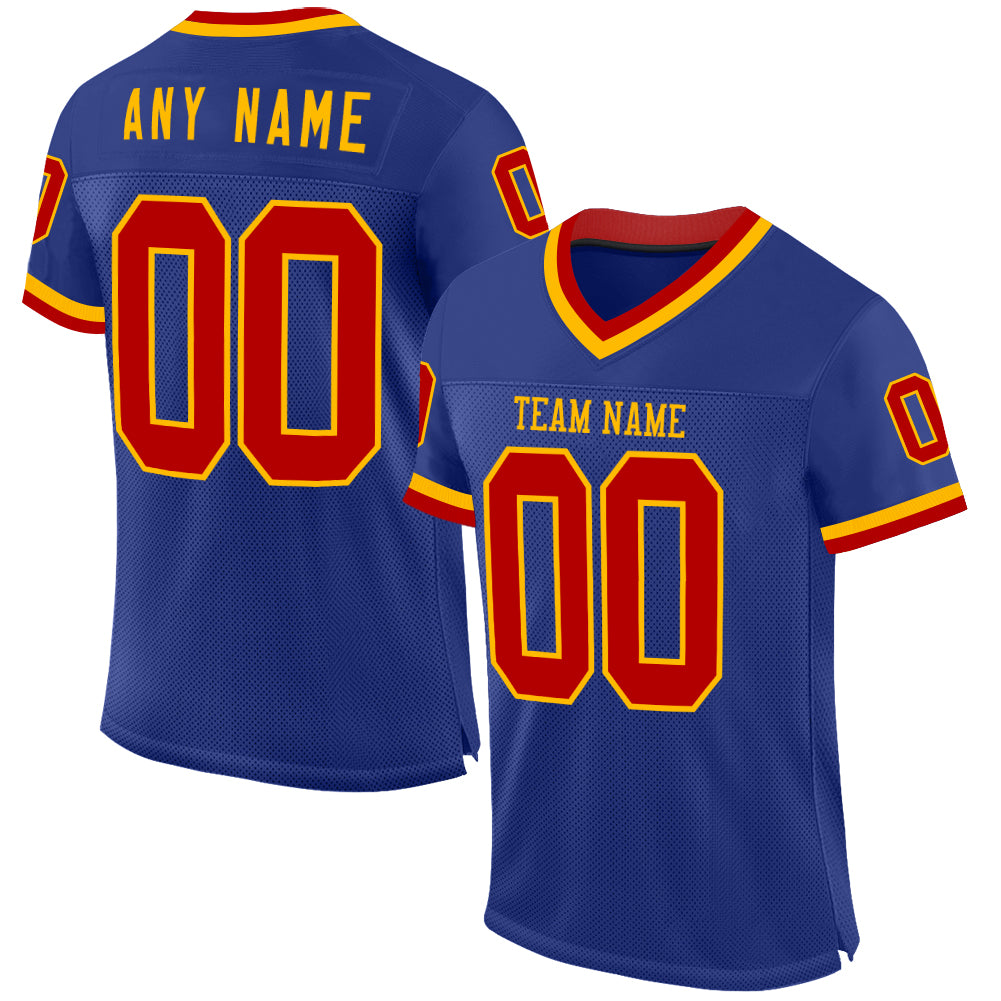 Custom Royal Red-Gold Mesh Authentic Throwback Football Jersey - Main View