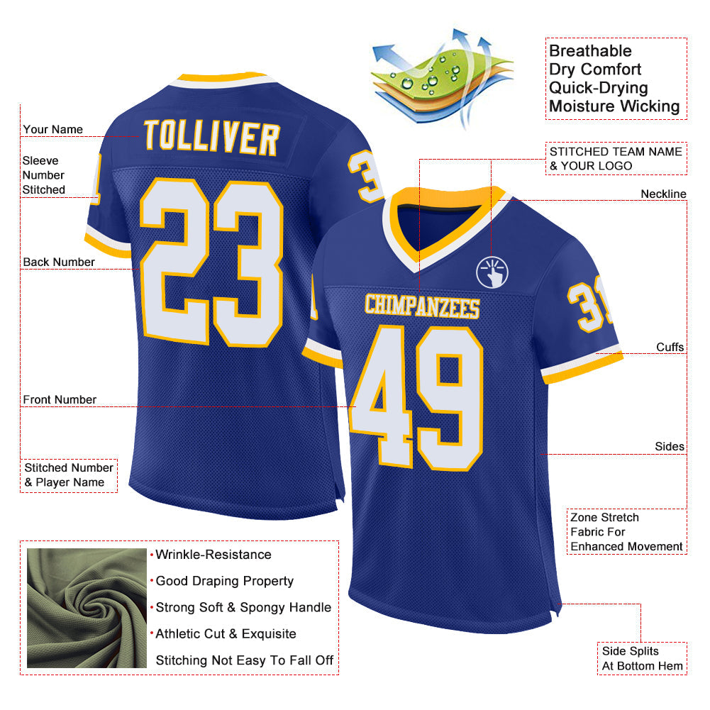Custom Royal White-Gold Mesh Authentic Throwback Football Jersey view 2