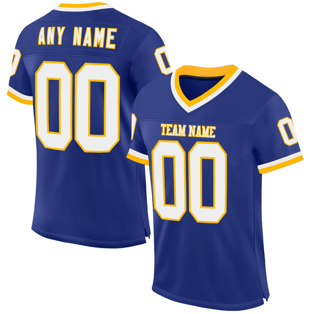 Custom Royal White-Gold Mesh Authentic Throwback Football Jersey - Main View