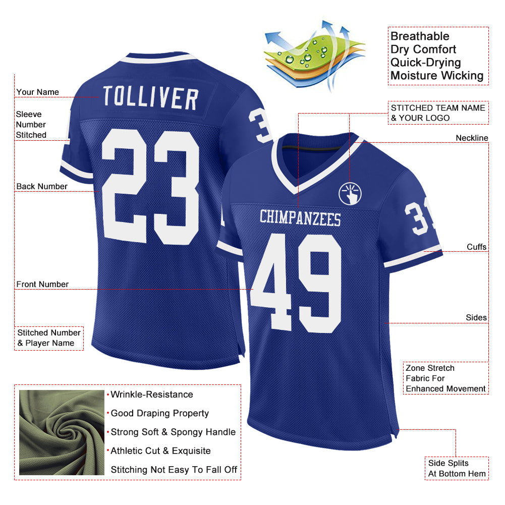 Custom Royal White Mesh Authentic Throwback Football Jersey view 2