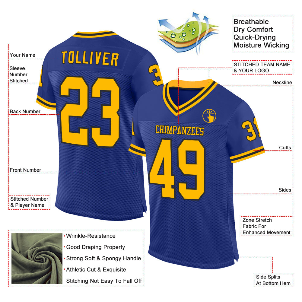 Custom Royal Gold-Black Mesh Authentic Throwback Football Jersey view 2