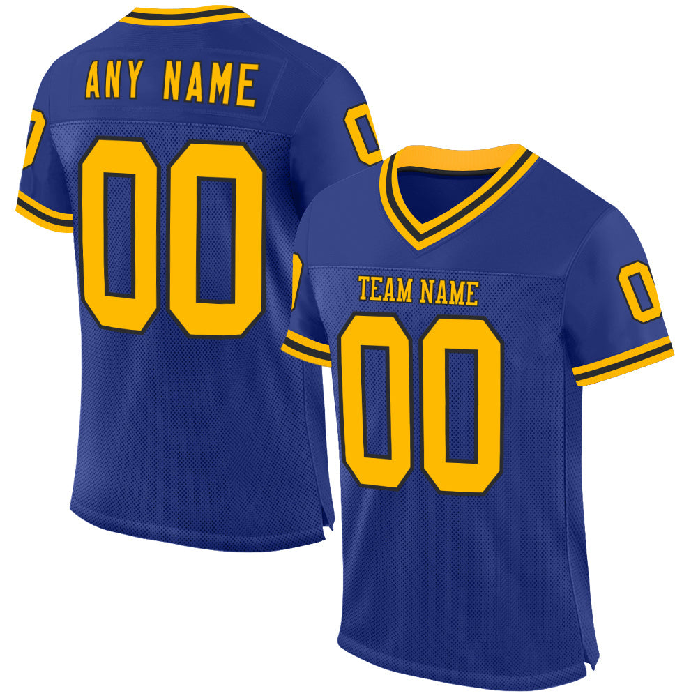 Custom Royal Gold-Black Mesh Authentic Throwback Football Jersey - Main View