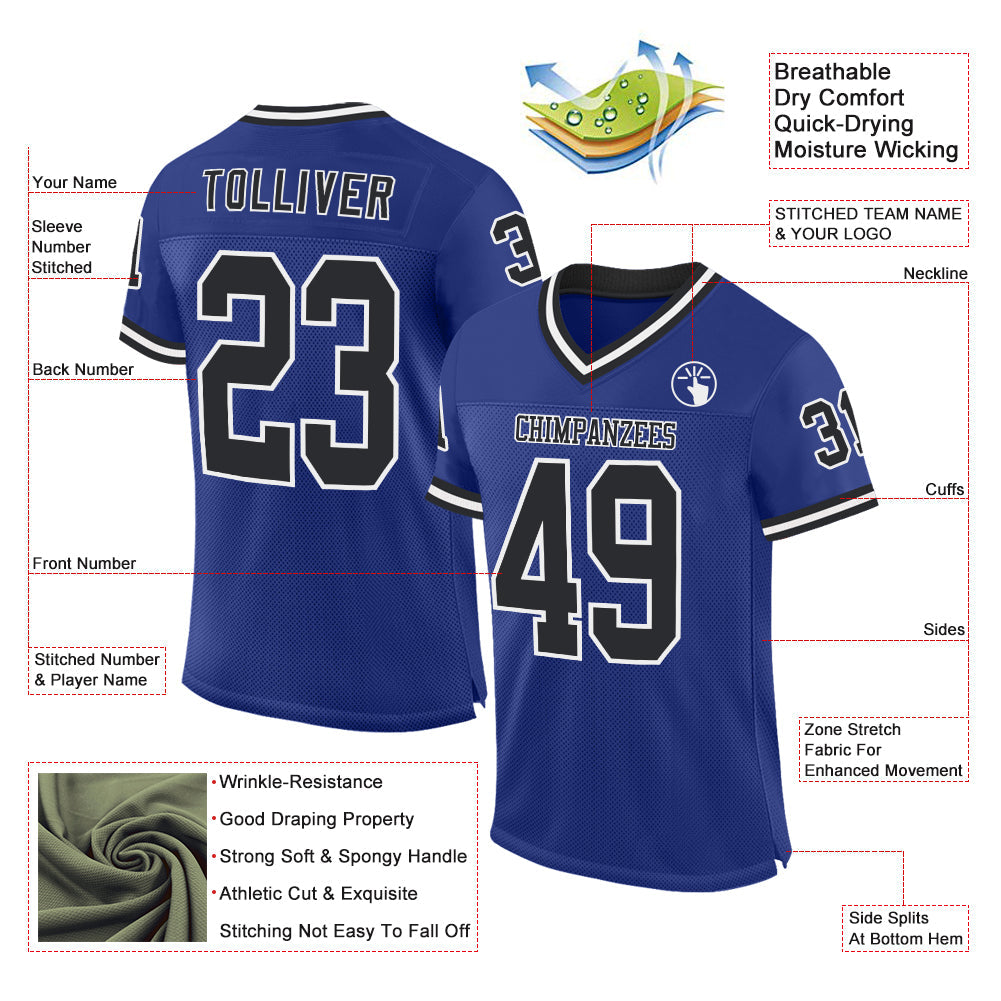 Custom Royal Black-White Mesh Authentic Throwback Football Jersey view 2